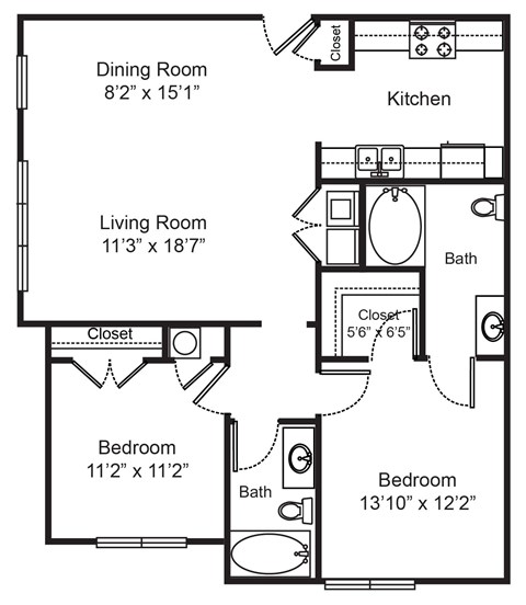 Floor plan for 2 beds, 2 baths, 1053 sqft