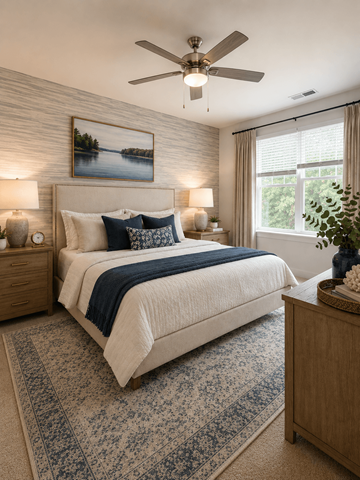 Huntersville apartment for rent - A bedroom with a large bed and a ceiling fan.
