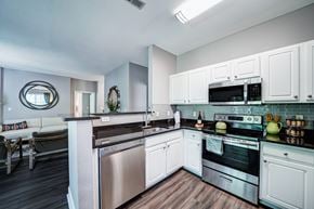 Salem apartment for rent - A modern kitchen with white cabinets and stainless steel appliances.