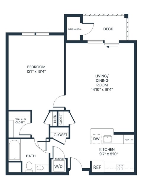 Floor plan for 1 bed, 1 bath, 809 sqft