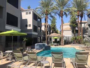 Phoenix apartment for rent - Dog-Friendly Garden-Style Apartments in Arcadia, AZ - The Ingleside Apartments - Swimming Pool with Hot Tub, Lounge Chairs, Shaded Seating, Gazebo, Palm Trees, and View of the Apartments.