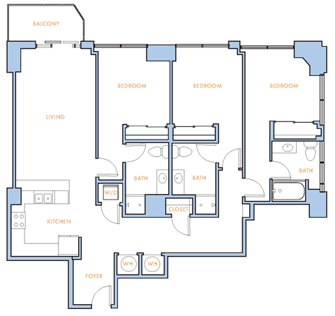 Floor plan for 3 beds, 3 baths, 1497 sqft