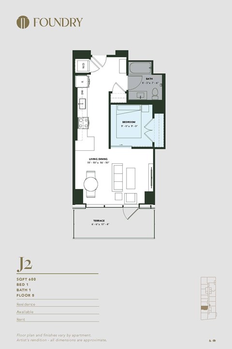 Floor plan for 1 bed, 1 bath, 600 sqft