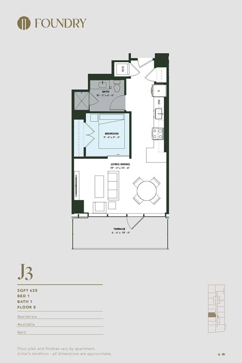 Floor plan for 1 bed, 1 bath, 620 sqft