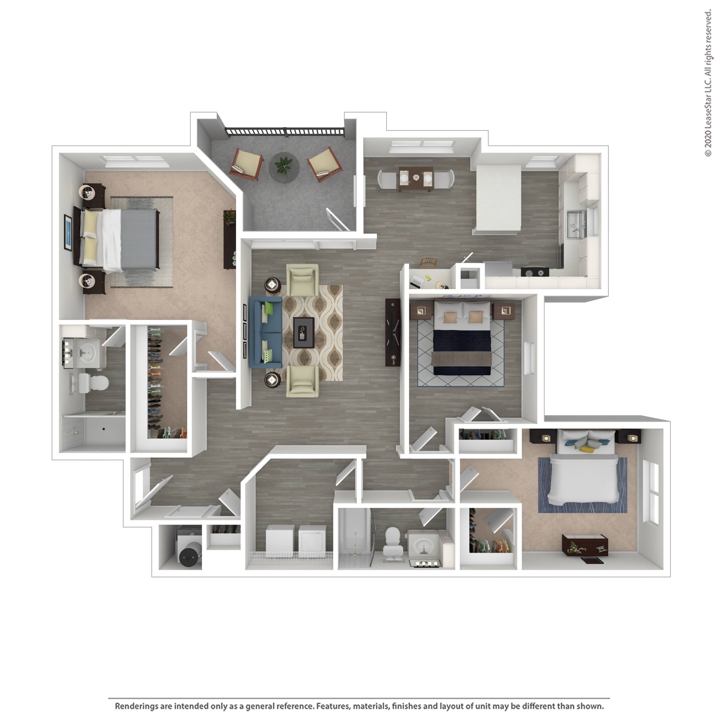 Floor plan for 3 beds, 2 baths, 1388 sqft