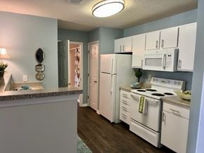 Roanoke apartment for rent - A kitchen with white appliances and a grey counter.