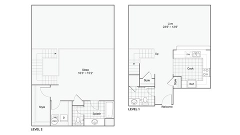 Floor plan for 1 bed, 1.5 baths, 1098 sqft