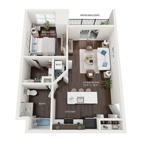 Floor plan for 1 bed, 1 bath, 709 sqft