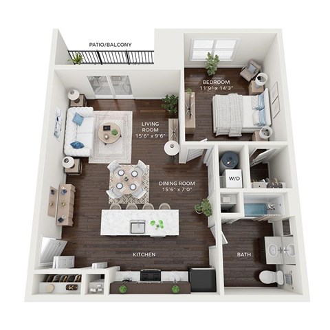 Floor plan for 1 bed, 1 bath, 838 sqft