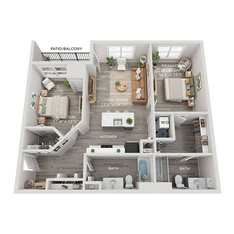 Floor plan for 2 beds, 2 baths, 1105 sqft
