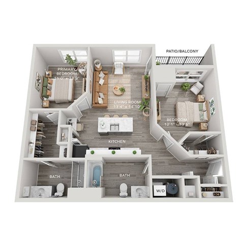 Floor plan for 2 beds, 2 baths, 1157 sqft