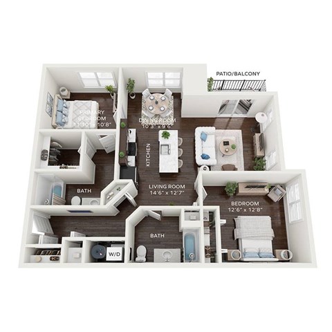 Floor plan for 2 beds, 2 baths, 1203 sqft