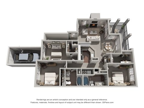 Floor plan for 3 beds, 2 baths, 1287 sqft