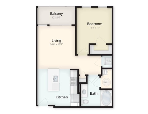 Floor plan for 1 bed, 1 bath, 690 sqft