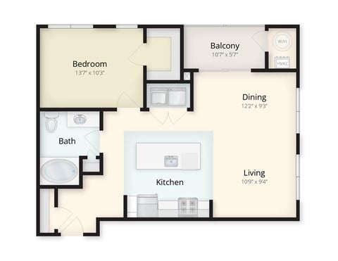 Floor plan for 1 bed, 1 bath, 790 sqft
