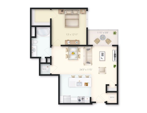 Floor plan for 1 bed, 1 bath, 840 sqft