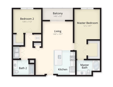 Floor plan for 2 beds, 2 baths, 1212 sqft