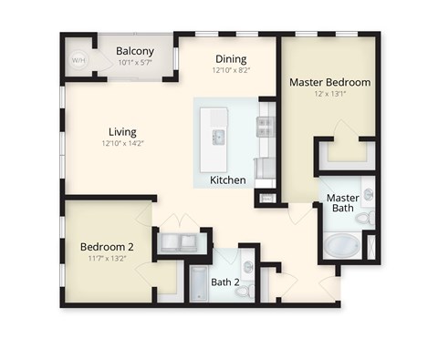 Floor plan for 2 beds, 2 baths, 1301 sqft