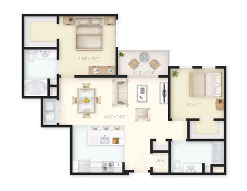 Floor plan for 2 beds, 2 baths, 1150 sqft