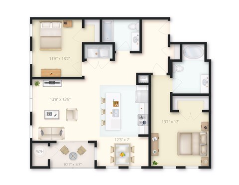 Floor plan for 2 beds, 2 baths, 1235 sqft
