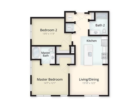 Floor plan for 2 beds, 2 baths, 1038 sqft