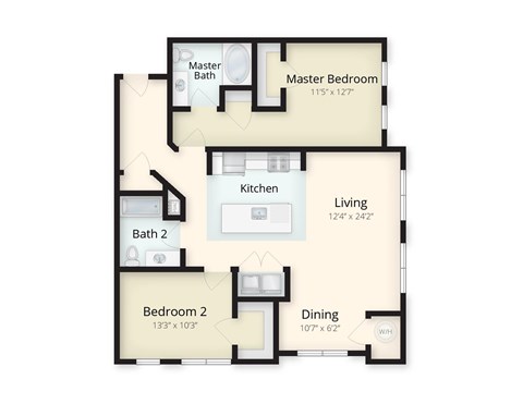Floor plan for 2 beds, 2 baths, 1165 sqft