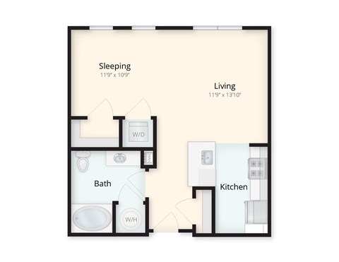 Floor plan for studio, 1 bath, 623 sqft