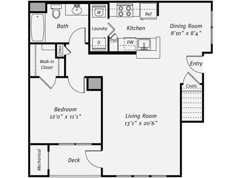 Floor plan for 1 bed, 1 bath, 812 sqft