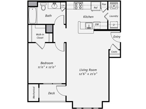 Floor plan for 1 bed, 1 bath, 757 sqft