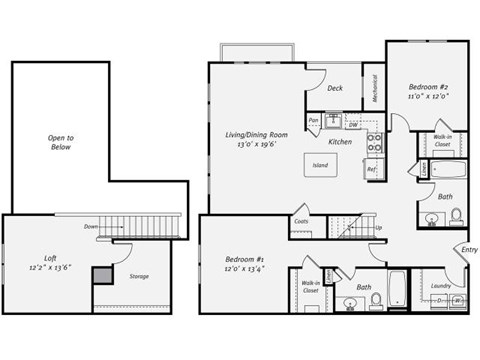 Floor plan for 2 beds, 2 baths, 1550 sqft