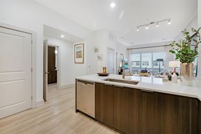 Wellesley apartment for rent - a kitchen with an island and a door to a living room