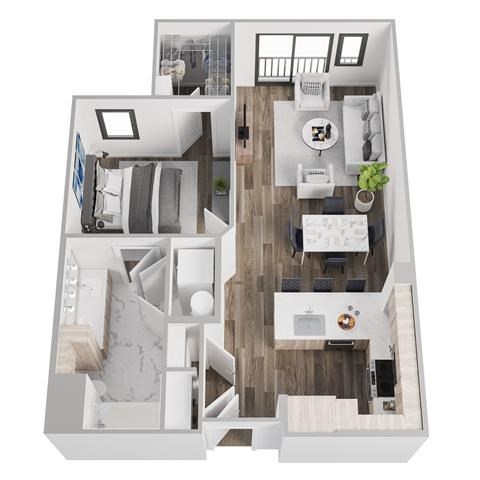 Floor plan for 1 bed, 1 bath, 769 sqft