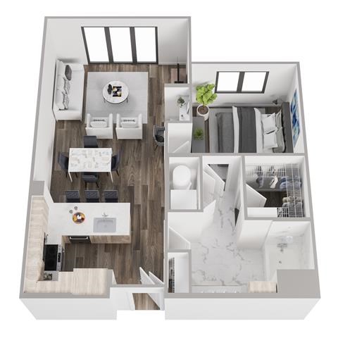 Floor plan for 1 bed, 1 bath, 873 sqft