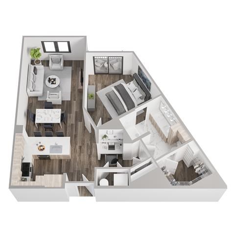 Floor plan for 1 bed, 1 bath, 906 sqft