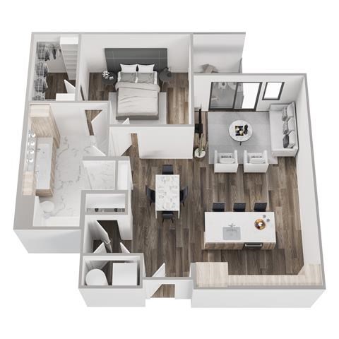 Floor plan for 1 bed, 1 bath, 918 sqft