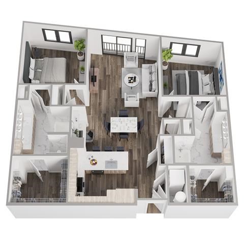 Floor plan for 2 beds, 2 baths, 1351 sqft