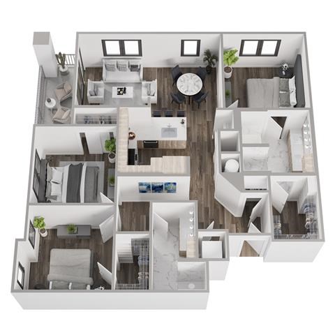 Floor plan for 3 beds, 2 baths, 1311 sqft