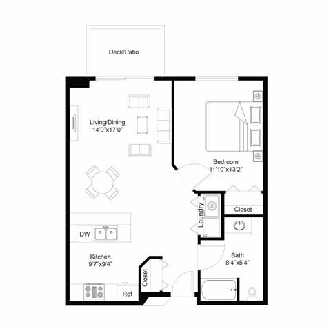 Floor plan for 1 bed, 1 bath, 783 sqft