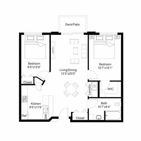 Floor plan for 2 beds, 1 bath, 988 sqft