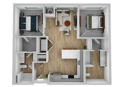 Floor plan for 2 beds, 2 baths, 1005 sqft