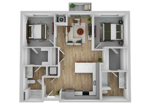 Floor plan for 2 beds, 2 baths, 1005 sqft