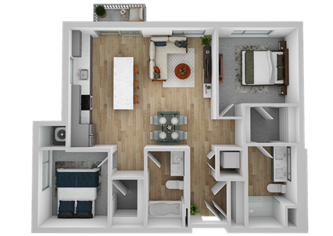 Floor plan for 2 beds, 2 baths, 1017 sqft