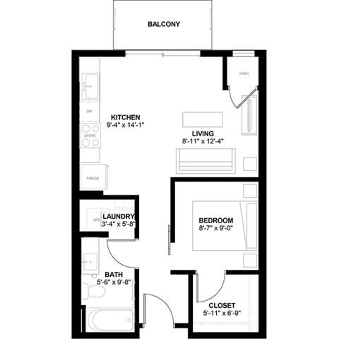 Floor plan for 1 bed, 1 bath, 549 sqft