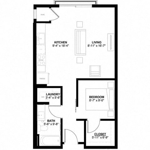 Floor plan for 1 bed, 1 bath, 631 sqft