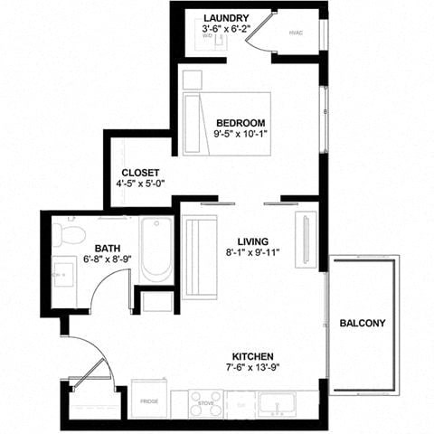 Floor plan for 1 bed, 1 bath, 497 sqft