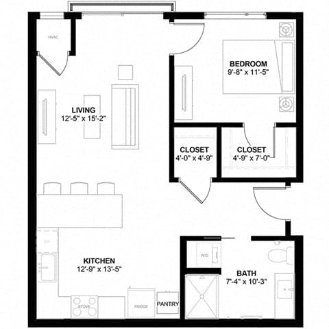 Floor plan for 1 bed, 1 bath, 722 sqft
