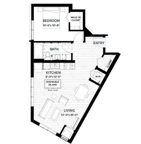 Floor plan for 1 bed, 1 bath, 751 sqft
