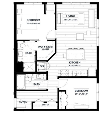 Floor plan for 2 beds, 2 baths, 957 sqft