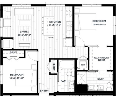 Floor plan for 2 beds, 2 baths, 970 sqft