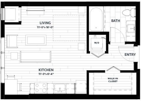 Floor plan for studio, 1 bath, 492 sqft